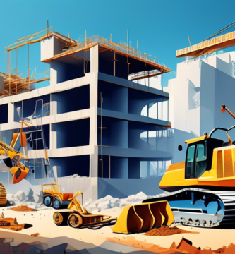 Create an image of a construction site featuring essential basic construction equipment such as an excavator, a bulldozer, a cement mixer, a wheelbarrow, and workers in safety gear, all working together to build a modern architectural structure under a clear blue sky.