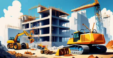 Create an image of a construction site featuring essential basic construction equipment such as an excavator, a bulldozer, a cement mixer, a wheelbarrow, and workers in safety gear, all working together to build a modern architectural structure under a clear blue sky.