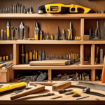 Create an image of a well-organized carpenter's workbench displaying essential construction hand tools such as a hammer, tape measure, level, screwdrivers, wrenches, utility knife, pliers, carpenter's pencil, and a set of chisels. In the background, include a partially built wooden structure, showcasing beams and other construction elements to emphasize the building process.