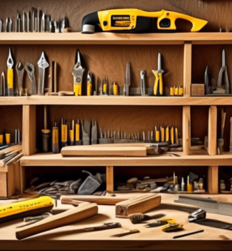 Create an image of a well-organized carpenter's workbench displaying essential construction hand tools such as a hammer, tape measure, level, screwdrivers, wrenches, utility knife, pliers, carpenter's pencil, and a set of chisels. In the background, include a partially built wooden structure, showcasing beams and other construction elements to emphasize the building process.