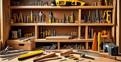 Create an image of a well-organized carpenter's workbench displaying essential construction hand tools such as a hammer, tape measure, level, screwdrivers, wrenches, utility knife, pliers, carpenter's pencil, and a set of chisels. In the background, include a partially built wooden structure, showcasing beams and other construction elements to emphasize the building process.