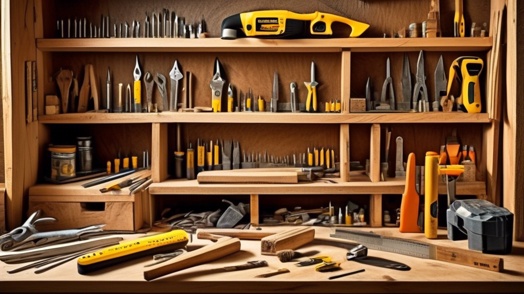 Create an image of a well-organized carpenter's workbench displaying essential construction hand tools such as a hammer, tape measure, level, screwdrivers, wrenches, utility knife, pliers, carpenter's pencil, and a set of chisels. In the background, include a partially built wooden structure, showcasing beams and other construction elements to emphasize the building process.