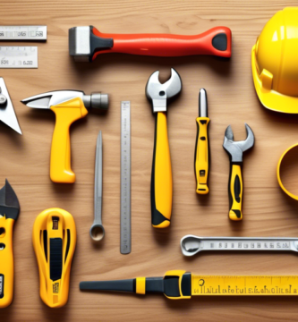 Create a detailed digital illustration of a neatly arranged set of essential basic construction tools for beginners. Include items like a hammer, measuring tape, spirit level, screwdriver set, pliers, utility knife, handsaw, safety goggles, work gloves, and a tool belt. Show these tools on a wooden workbench with a background of a partially-built house, highlighting a bright, sunny day at an active construction site.