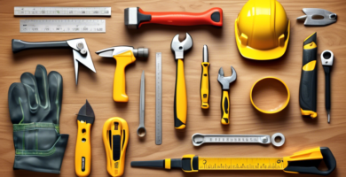 Create a detailed digital illustration of a neatly arranged set of essential basic construction tools for beginners. Include items like a hammer, measuring tape, spirit level, screwdriver set, pliers, utility knife, handsaw, safety goggles, work gloves, and a tool belt. Show these tools on a wooden workbench with a background of a partially-built house, highlighting a bright, sunny day at an active construction site.