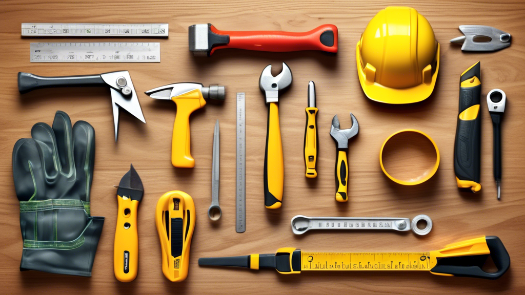 Create a detailed digital illustration of a neatly arranged set of essential basic construction tools for beginners. Include items like a hammer, measuring tape, spirit level, screwdriver set, pliers, utility knife, handsaw, safety goggles, work gloves, and a tool belt. Show these tools on a wooden workbench with a background of a partially-built house, highlighting a bright, sunny day at an active construction site.