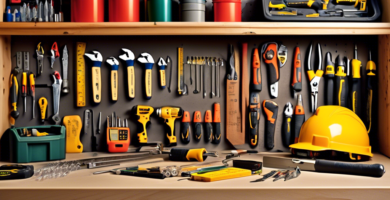 A detailed, high-resolution image of a well-organized contractor's workbench in a garage, displaying a variety of essential tools neatly arranged. Include items such as a hammer, screwdrivers, measuring tape, level, handsaw, cordless drill, utility knife, pliers, wrenches, safety goggles, work gloves, and a tool belt. The background should feature a pegboard with additional tools hanging, giving a comprehensive view of a contractor's essential equipment ready for any project.