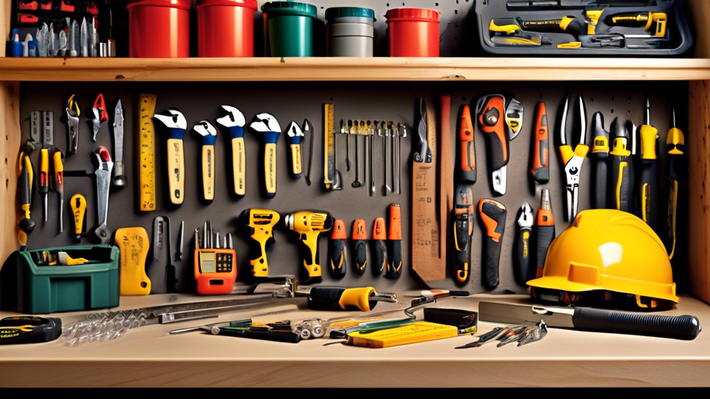 A detailed, high-resolution image of a well-organized contractor's workbench in a garage, displaying a variety of essential tools neatly arranged. Include items such as a hammer, screwdrivers, measuring tape, level, handsaw, cordless drill, utility knife, pliers, wrenches, safety goggles, work gloves, and a tool belt. The background should feature a pegboard with additional tools hanging, giving a comprehensive view of a contractor's essential equipment ready for any project.