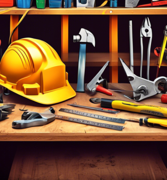 Create an image of a construction site showcasing essential basic tools such as a hammer, measuring tape, screwdriver, pliers, saw, and level, with workers actively using these tools. The background features a partially built structure, scaffolding, and a toolbox placed on a sturdy workbench.