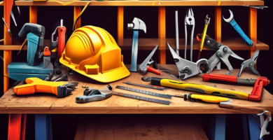 Create an image of a construction site showcasing essential basic tools such as a hammer, measuring tape, screwdriver, pliers, saw, and level, with workers actively using these tools. The background features a partially built structure, scaffolding, and a toolbox placed on a sturdy workbench.