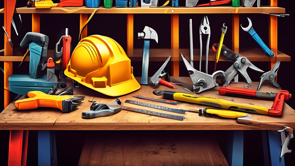 Create an image of a construction site showcasing essential basic tools such as a hammer, measuring tape, screwdriver, pliers, saw, and level, with workers actively using these tools. The background features a partially built structure, scaffolding, and a toolbox placed on a sturdy workbench.