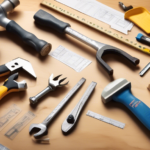 Create an image that illustrates a variety of essential basic tools needed to build a house. Include a set of blueprints, a hammer, nails, a saw, a measuring tape, a level, a screwdriver, a set of wrenches, a power drill, safety gloves, a hard hat, and a tool belt. Arrange the tools on a wooden workbench with a partially built house structure in the background.