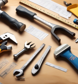 Create an image that illustrates a variety of essential basic tools needed to build a house. Include a set of blueprints, a hammer, nails, a saw, a measuring tape, a level, a screwdriver, a set of wrenches, a power drill, safety gloves, a hard hat, and a tool belt. Arrange the tools on a wooden workbench with a partially built house structure in the background.