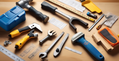 Create an image that illustrates a variety of essential basic tools needed to build a house. Include a set of blueprints, a hammer, nails, a saw, a measuring tape, a level, a screwdriver, a set of wrenches, a power drill, safety gloves, a hard hat, and a tool belt. Arrange the tools on a wooden workbench with a partially built house structure in the background.