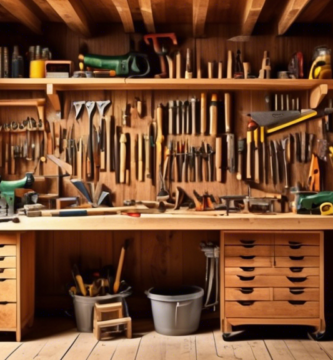 Create an image of a well-organized carpenter's workshop, featuring essential basic tools neatly arranged on a wooden workbench and walls. Include tools such as a hammer, handsaw, measuring tape, wood plane, chisels, screwdrivers, a variety of nails and screws, clamps, and a carpenter's square. The setting should be bright and inviting, with natural light streaming through a window, highlighting the craftsmanship atmosphere.