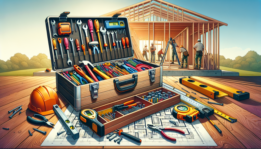 An illustration of a well-organized toolbox laying open on a sturdy wooden workbench. The toolbox contains various essential construction tools such as a hammer, screwdriver set, tape measure, utility knife, pliers, wrenches, and a spirit level. Surrounding the toolbox on the workbench, additional construction items like nails, screws, a carpenter's pencil, a small blueprint, and safety gloves can be seen. The background shows a partially built wooden frame of a house under bright daylight, with a few construction workers in hard hats working in the distance.