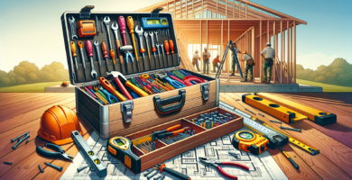 An illustration of a well-organized toolbox laying open on a sturdy wooden workbench. The toolbox contains various essential construction tools such as a hammer, screwdriver set, tape measure, utility knife, pliers, wrenches, and a spirit level. Surrounding the toolbox on the workbench, additional construction items like nails, screws, a carpenter's pencil, a small blueprint, and safety gloves can be seen. The background shows a partially built wooden frame of a house under bright daylight, with a few construction workers in hard hats working in the distance.