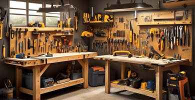 Create an image that depicts a well-organized workbench in a bustling workshop, showcasing a variety of essential basic building tools. Include items such as a hammer, screwdriver, tape measure, set of pliers, level, utility knife, hand saw, and a cordless drill. The workbench should have a rustic and functional feel, with tools neatly arranged and easily accessible, giving an impression of preparedness and craftsmanship.