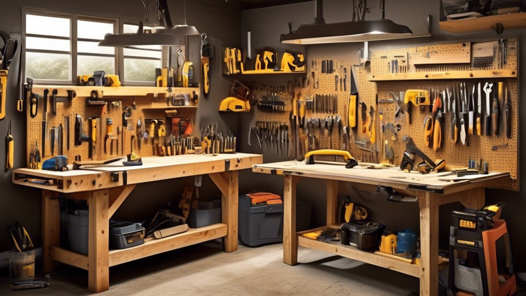 Create an image that depicts a well-organized workbench in a bustling workshop, showcasing a variety of essential basic building tools. Include items such as a hammer, screwdriver, tape measure, set of pliers, level, utility knife, hand saw, and a cordless drill. The workbench should have a rustic and functional feel, with tools neatly arranged and easily accessible, giving an impression of preparedness and craftsmanship.